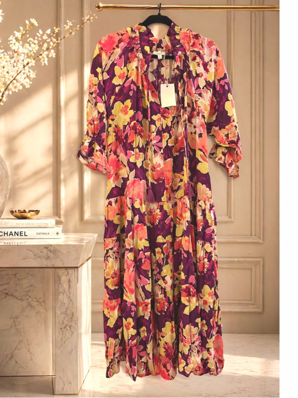 Easel Purple Multi Tiered Ruffle Floral Tassel Puff Sleeve Maxi Dress w/Pockets! - Picture 6 of 10